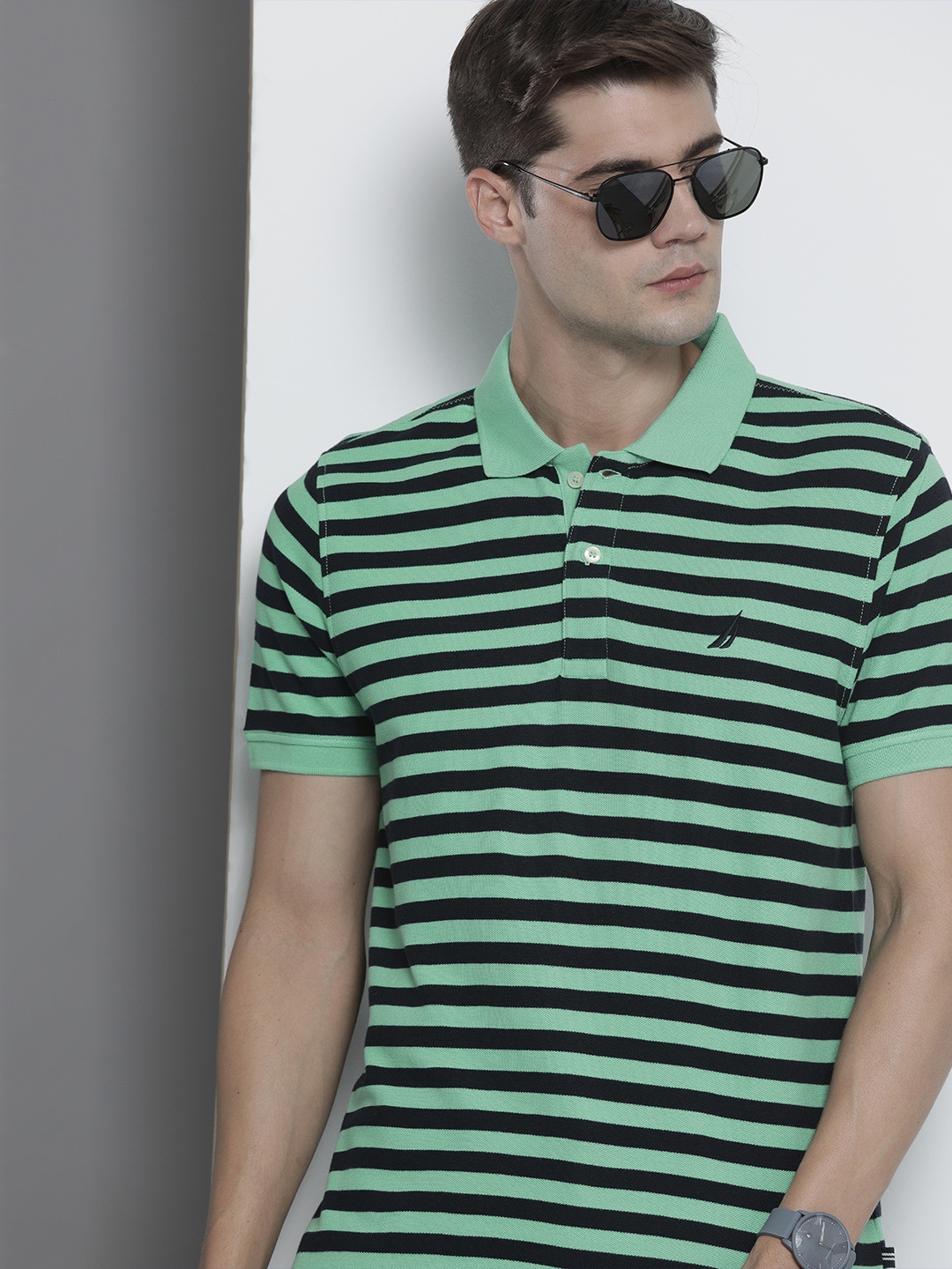 

Nautica Men Green & Black Striped Polo Collar Slim Fit Pure Cotton T-shirt
