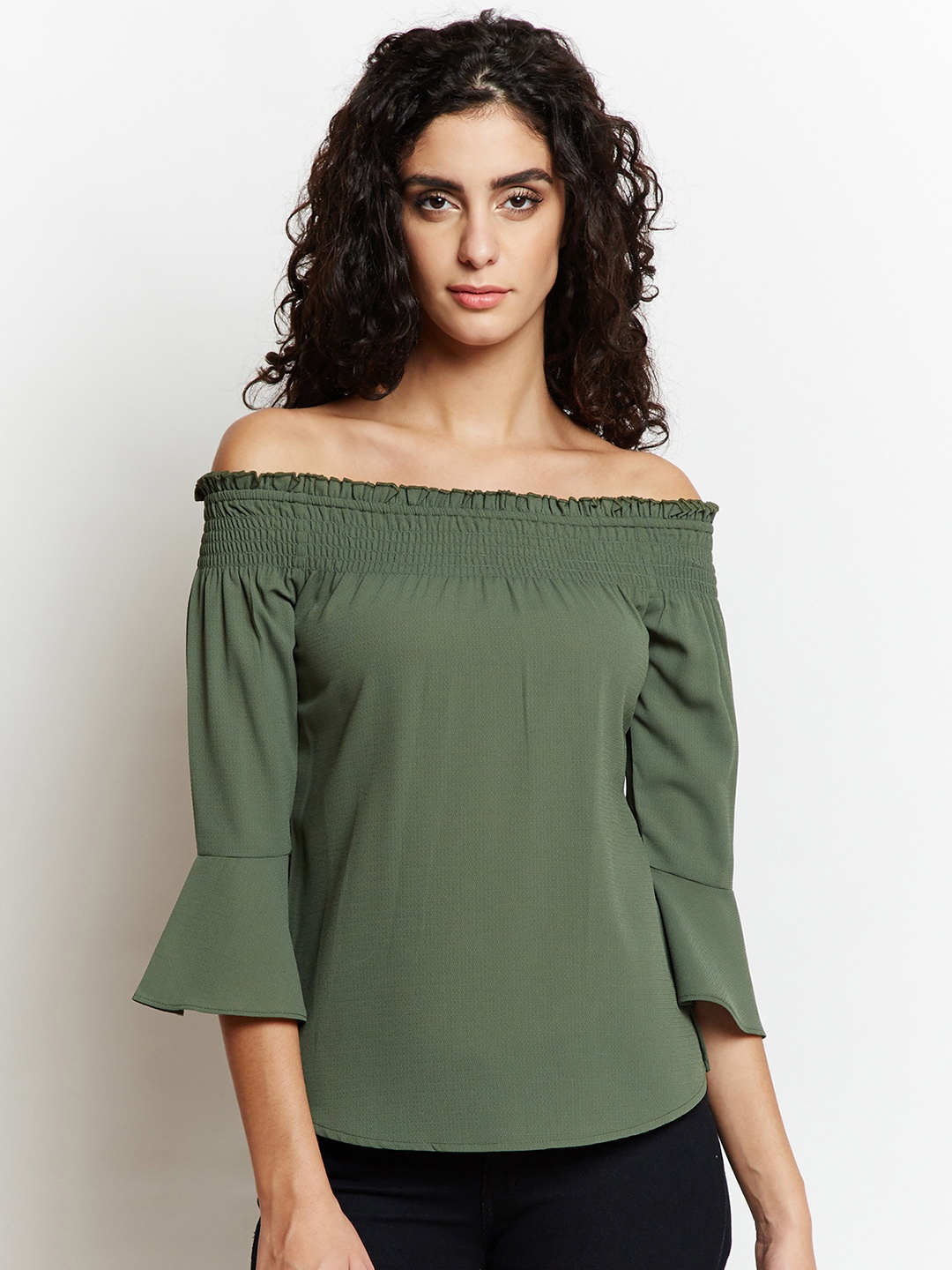 

Taanz Women Olive Green Solid Bardot Top