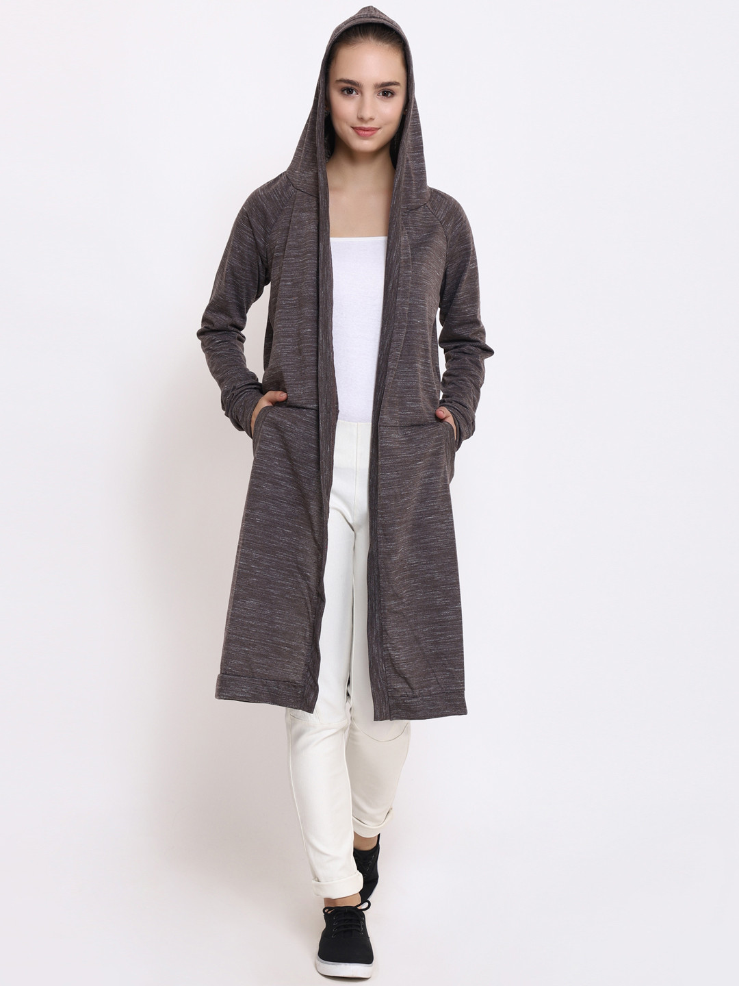 

PURYS Brown Solid Open Front Hooded Shrug