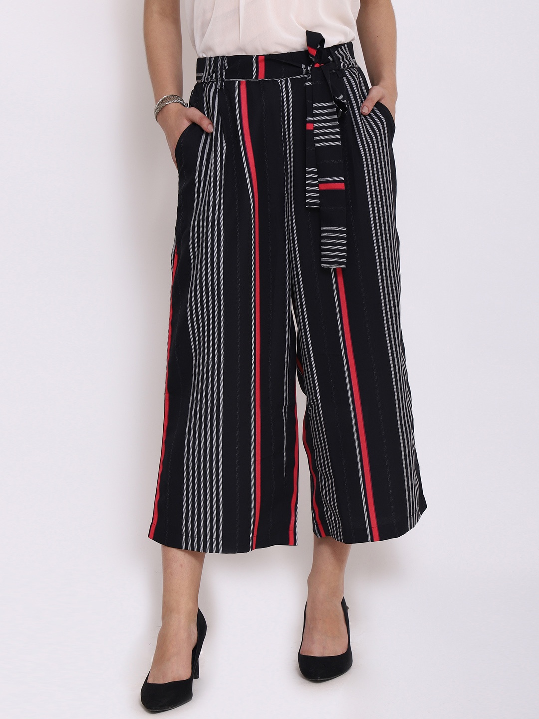 

PURYS Women Navy Blue & White Smart Loose Fit Striped Culottes