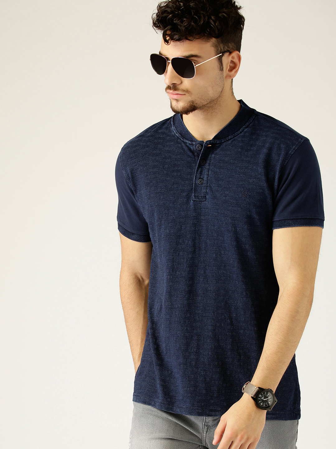 

United Colors of Benetton Men Navy Blue Striped Henley Neck T-shirt
