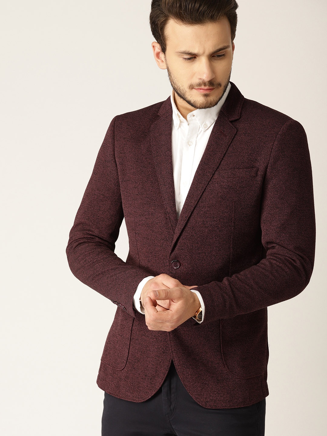 

United Colors of Benetton Men Burgundy Solid Single-Breasted Smart Casual Blazer