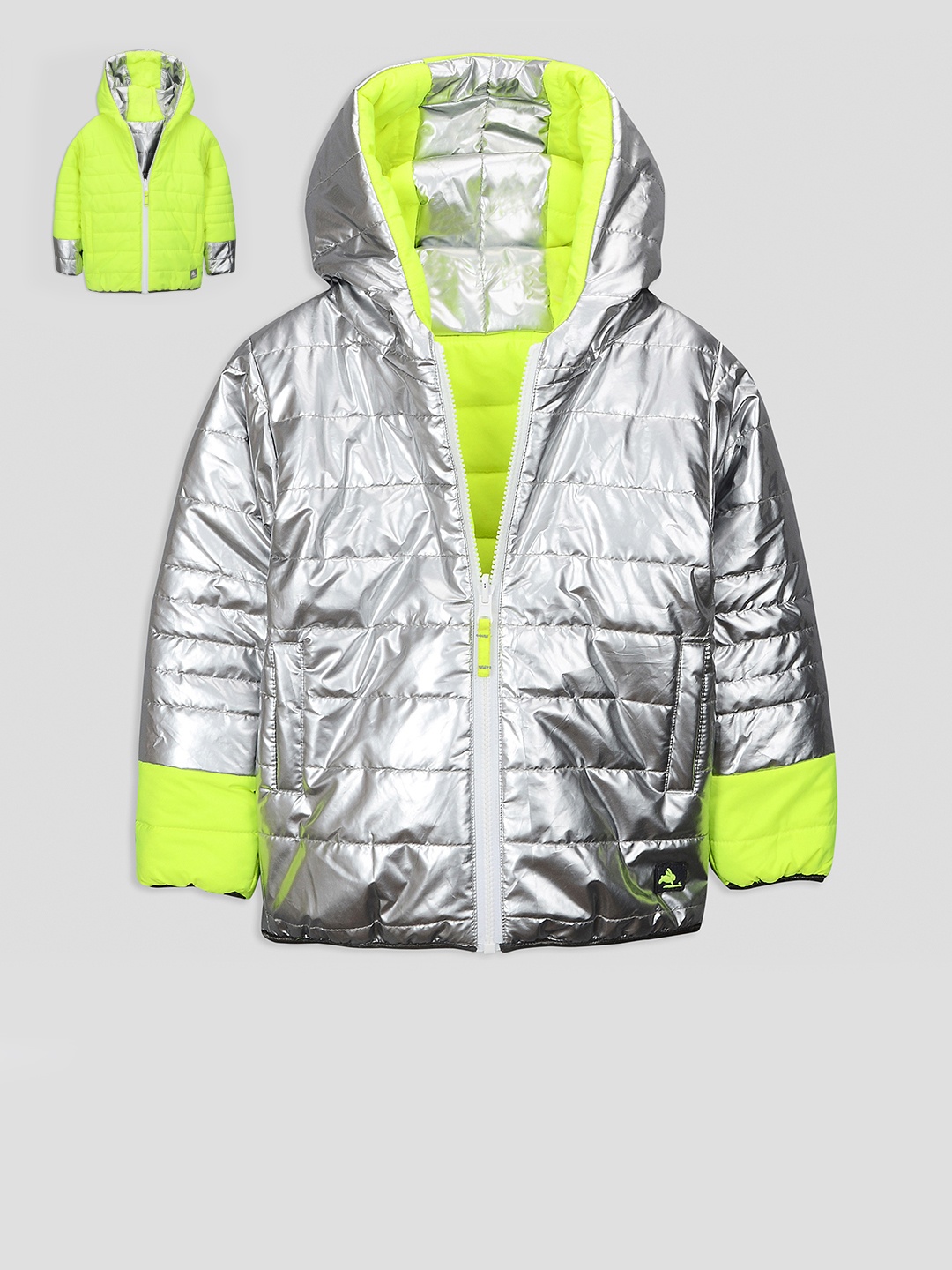 

Cherry Crumble Kids Silver Colorblocked Reversible Padded Jacket