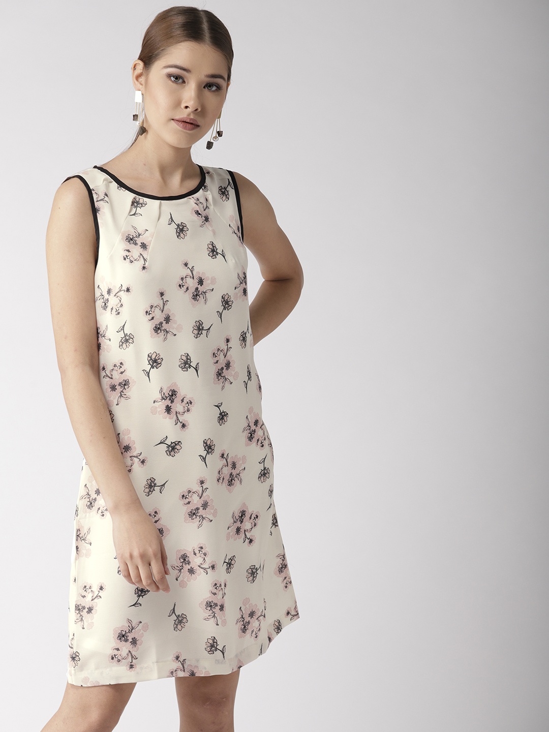 

QUIERO Women Off-White & Pink Floral Print A-Line Dress