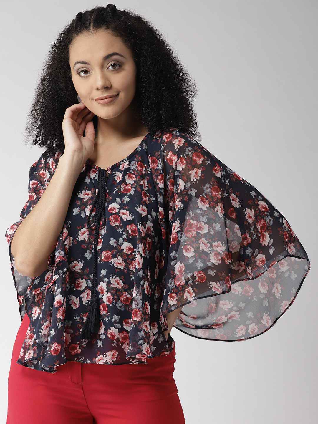 

QUIERO Women Navy Blue & Red Printed Cape Top
