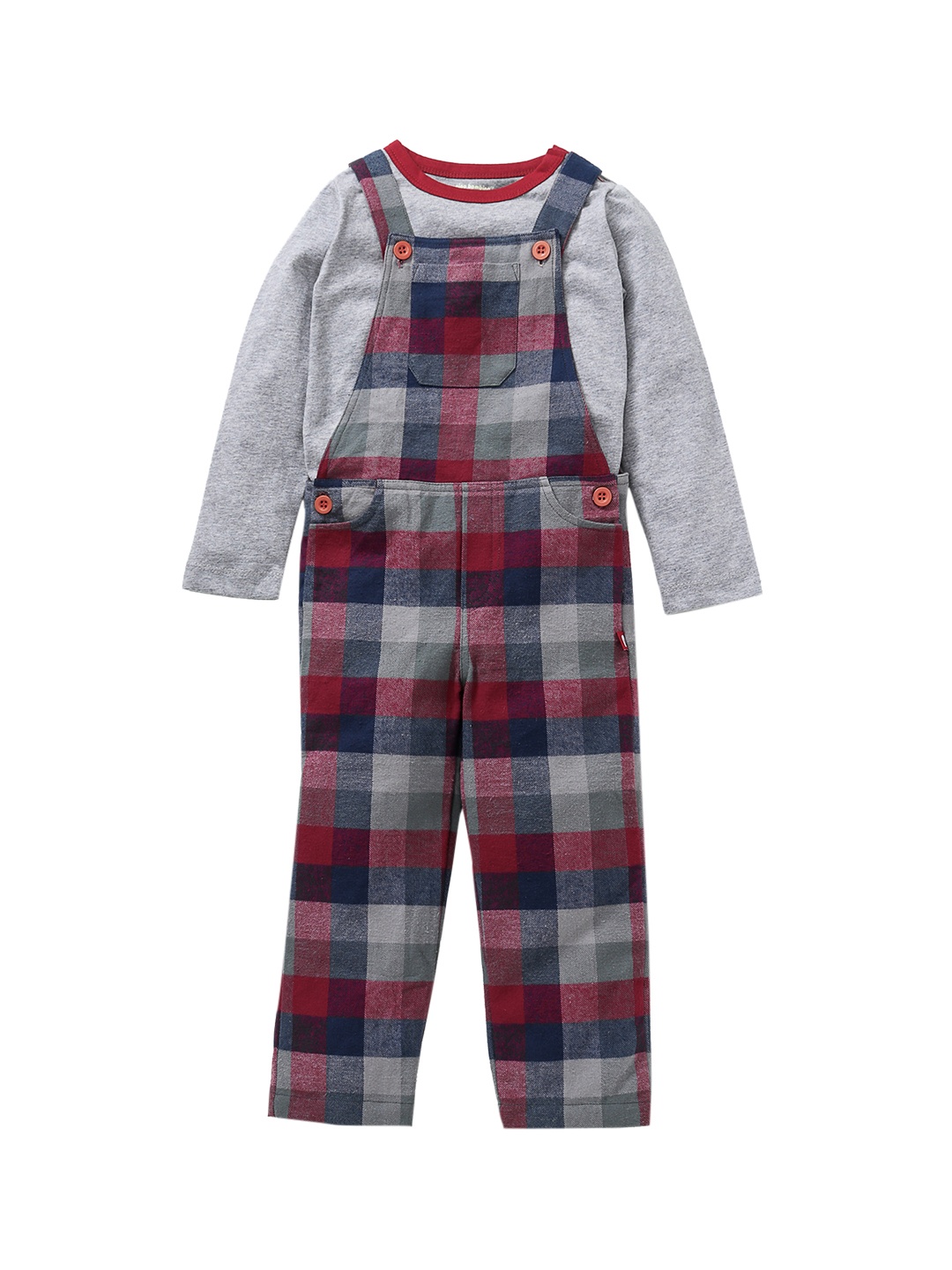 

Nino Bambino Boys Red & Grey Solid Organic Cotton T-shirt with Dungarees