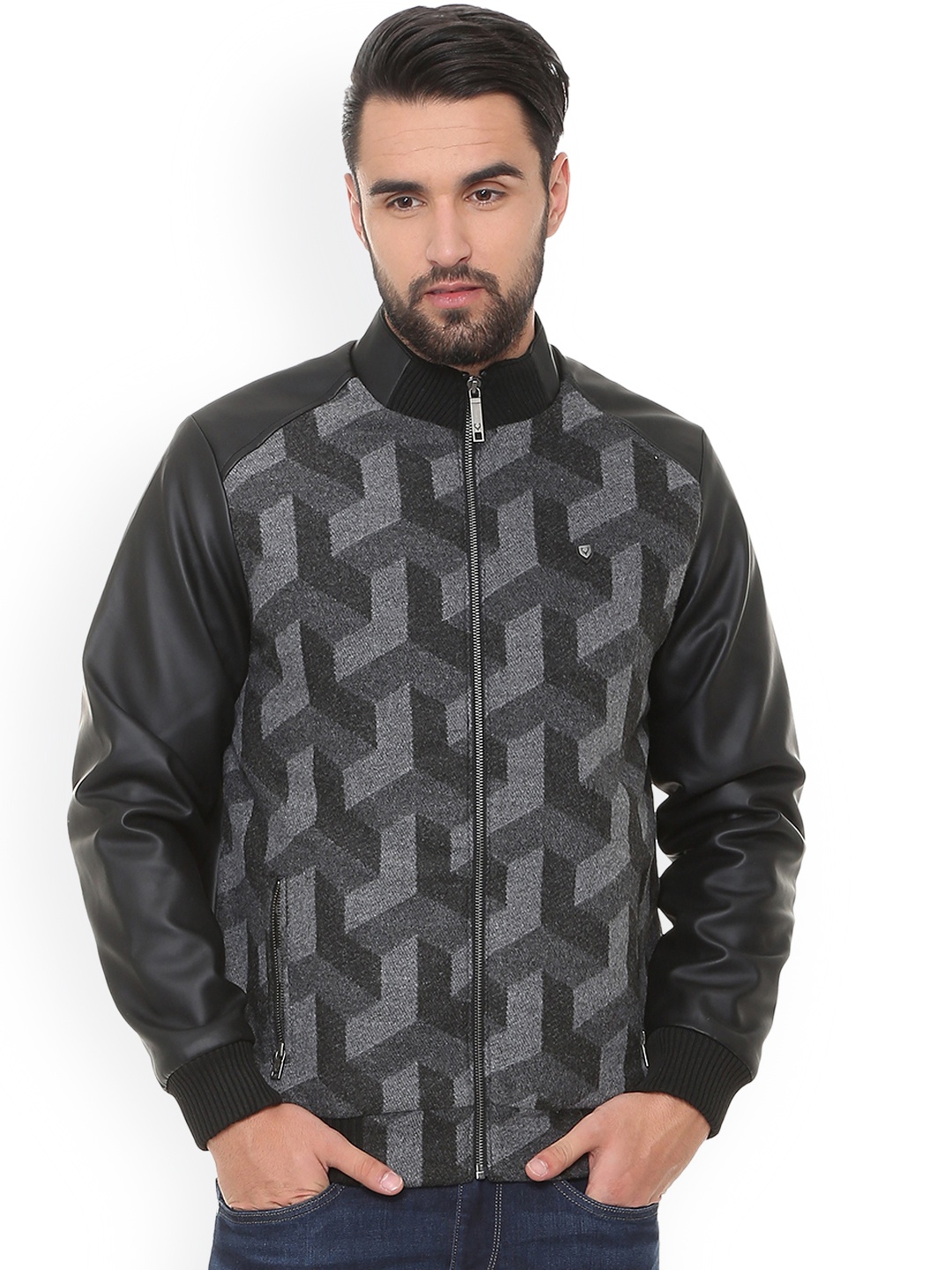 

Allen Solly Men Grey Self Design Bomber