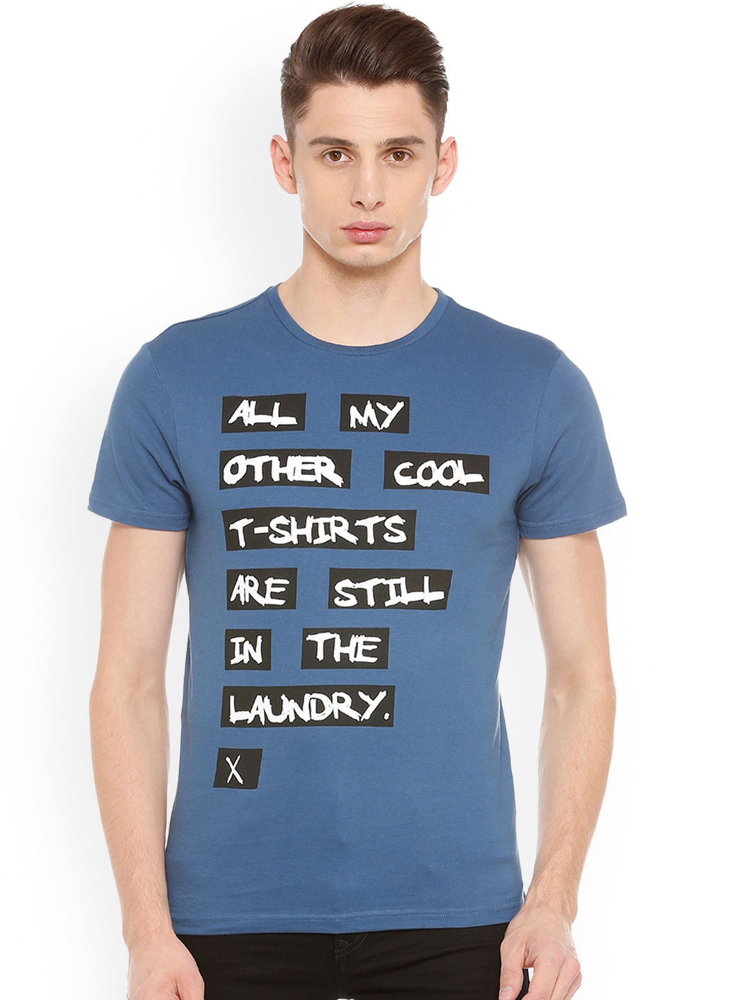 

People Men Blue Printed Round Neck Pure Cotton T-shirt
