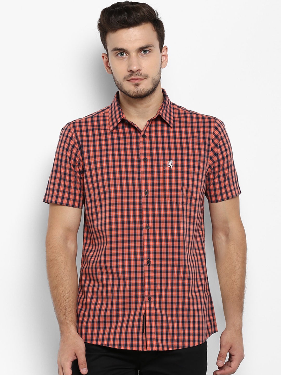 

Red Tape Men Orange & Navy Blue Regular Fit Checked Casual Shirt