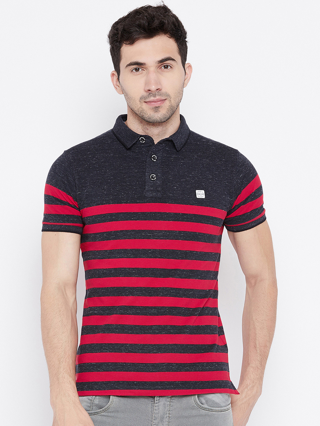 

Duke Men Black & Red Striped Polo Collar T-shirt