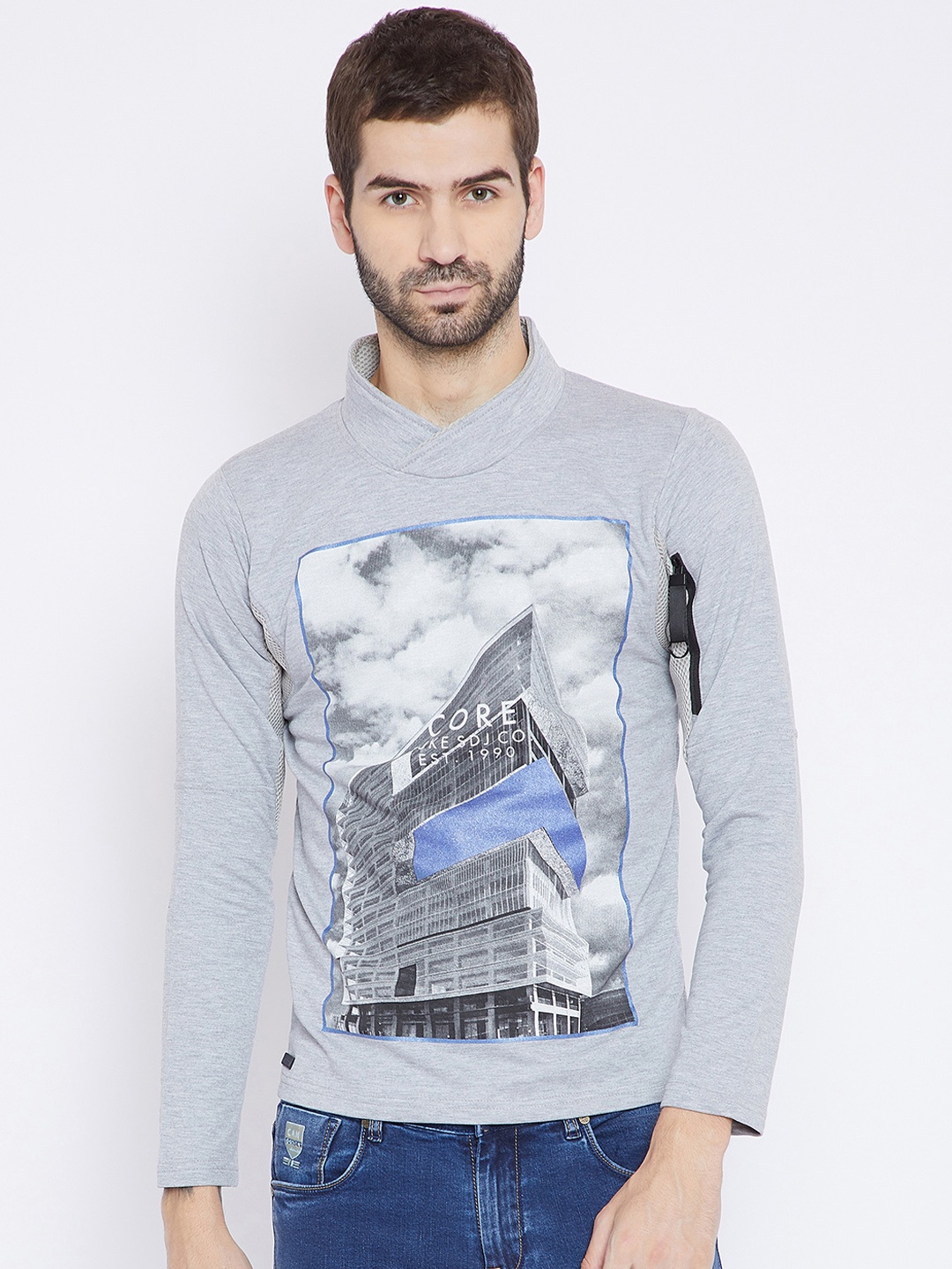 

Duke Men Grey Melange Printed Sweatshirt