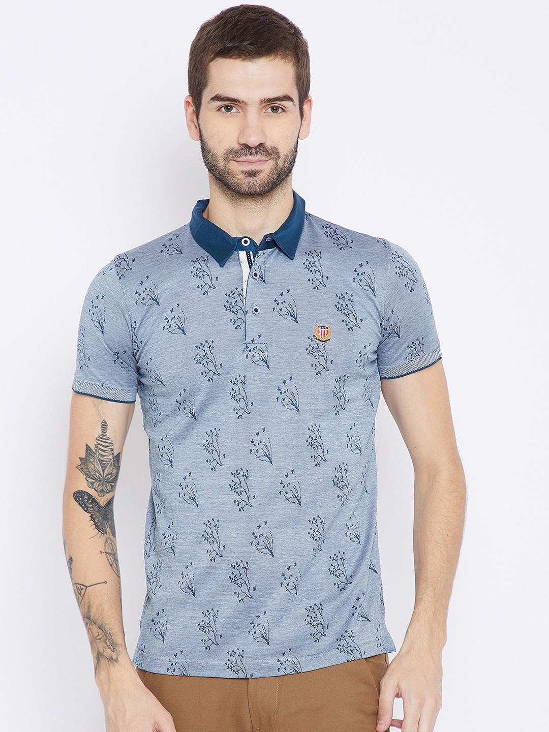 

Duke Men Grey Printed Polo Collar T-shirt