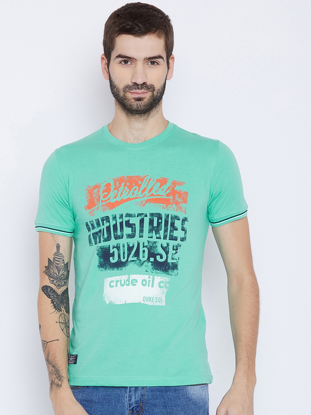 

Duke Men Green Printed Round Neck T-shirt