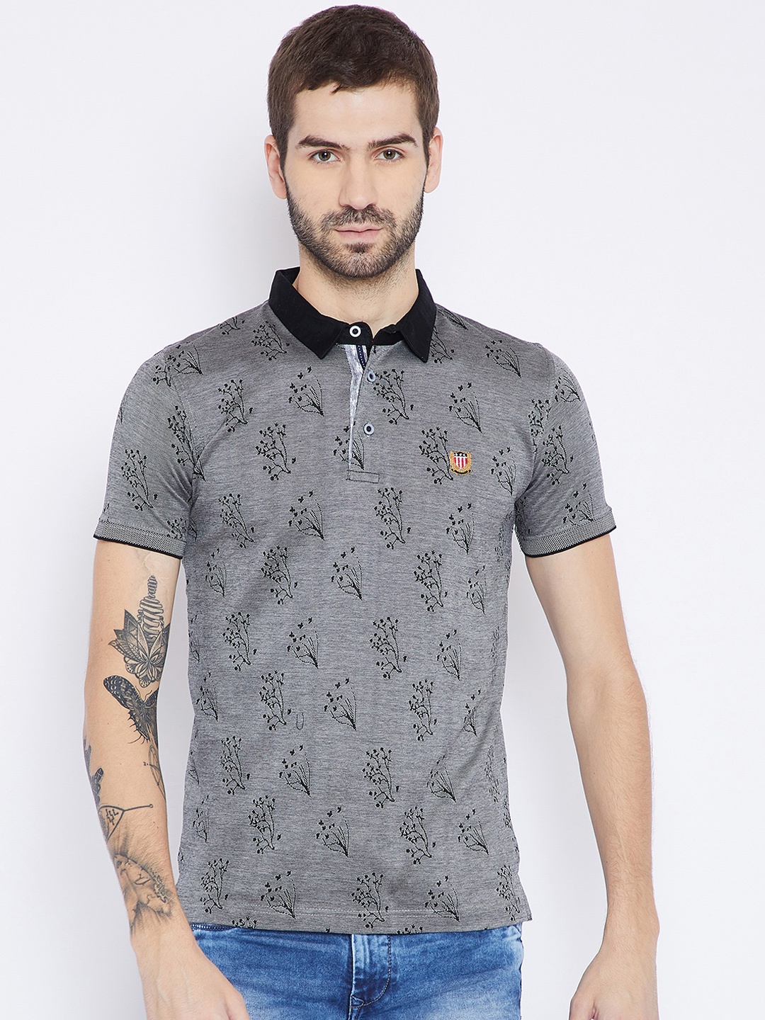 

Duke Men Grey Printed Polo Collar T-shirt