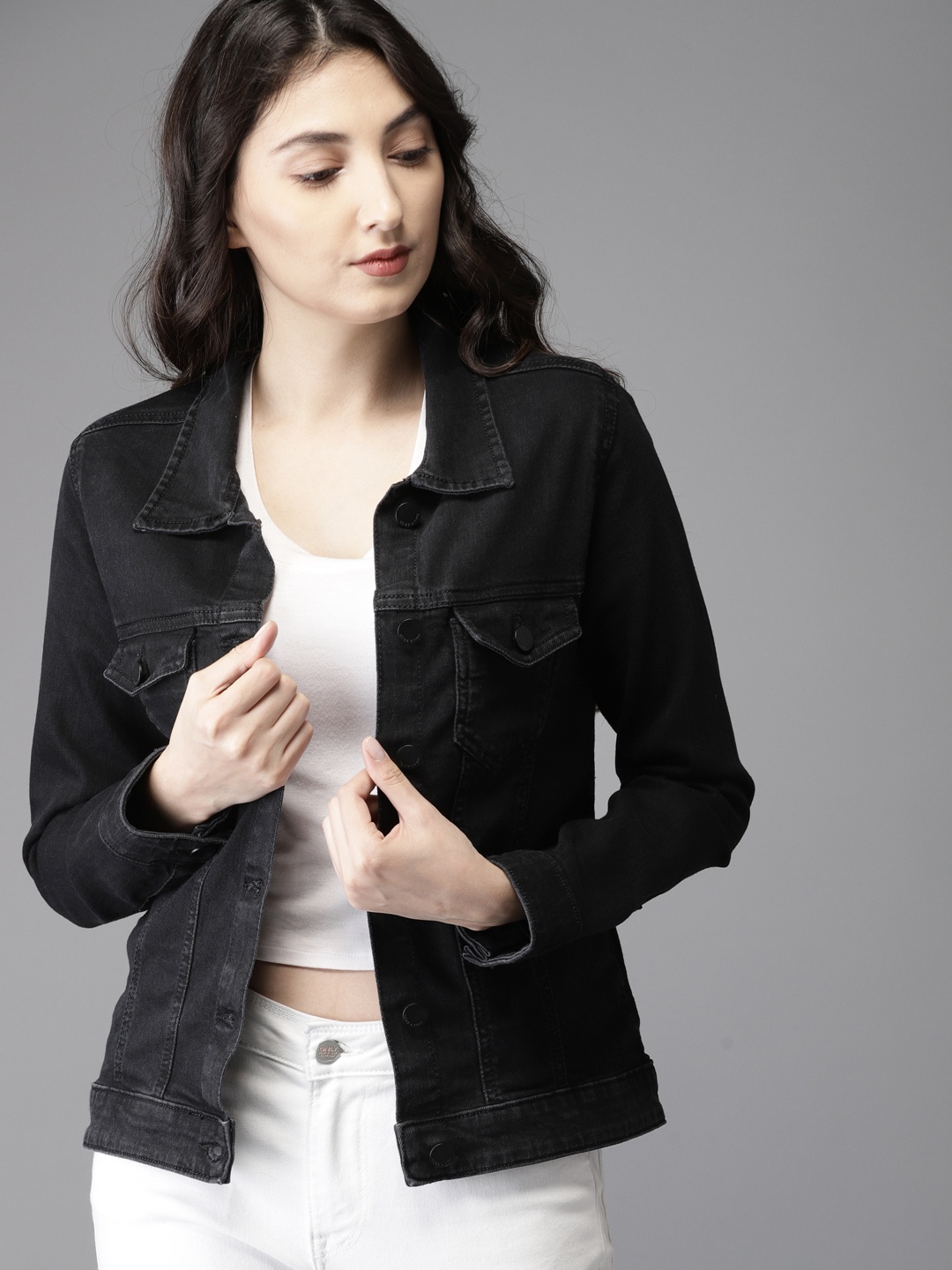 

HERE&NOW Women Black Solid Denim Jacket