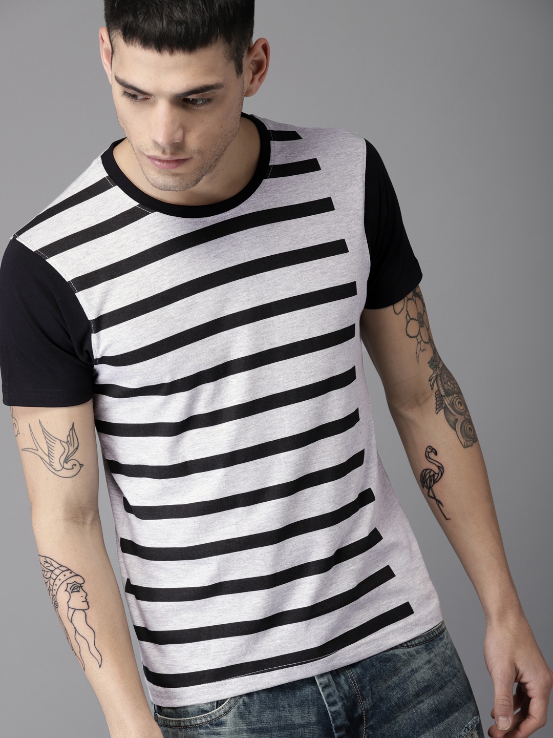 

Moda Rapido Men Grey & Black Striped T-shirt