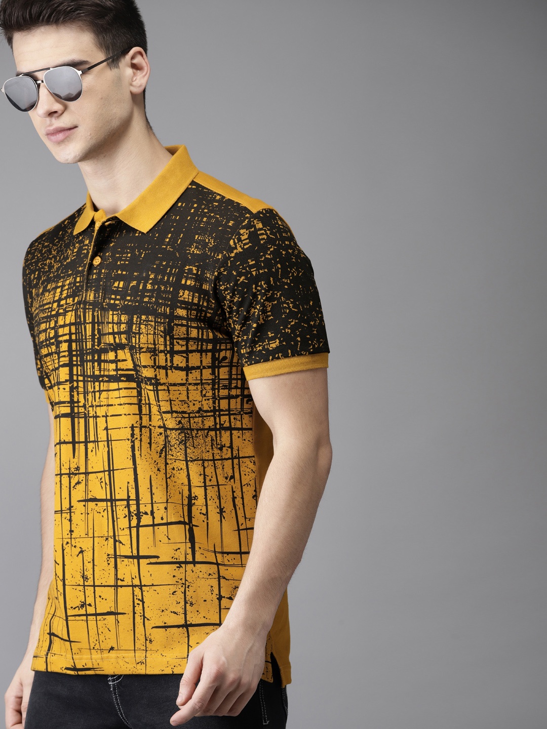 

Moda Rapido Men Mustard Yellow Black Printed Polo Collar Pure Cotton T-shirt