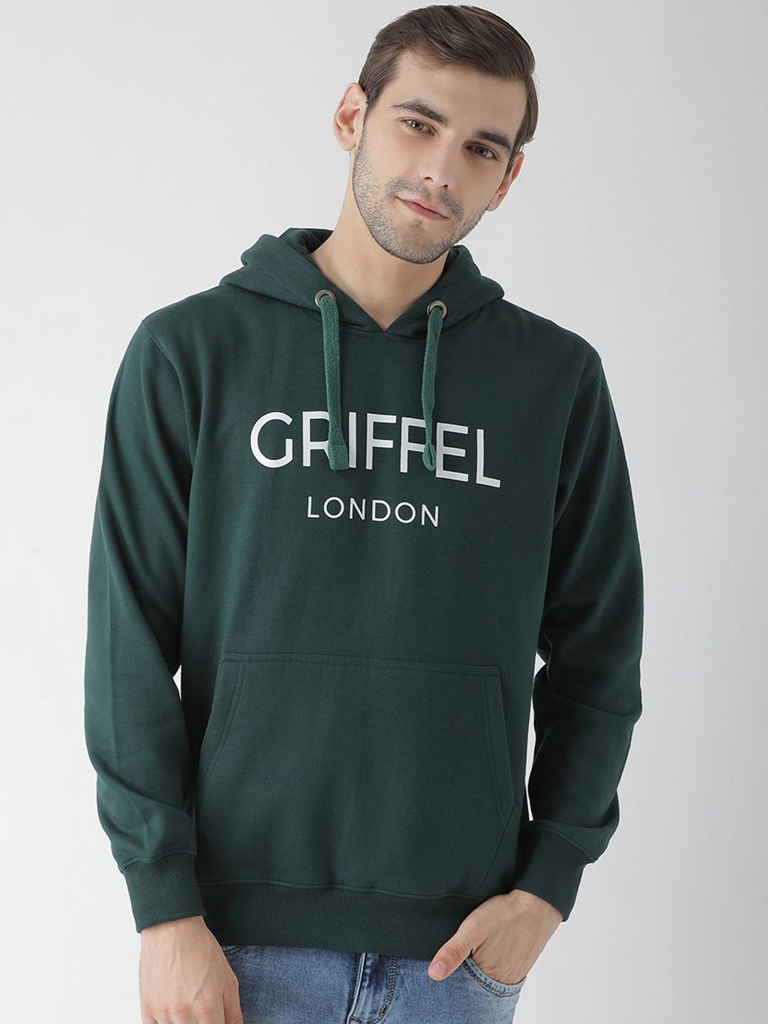 

GRIFFEL Men Green Printed Hooded Sweatshirt