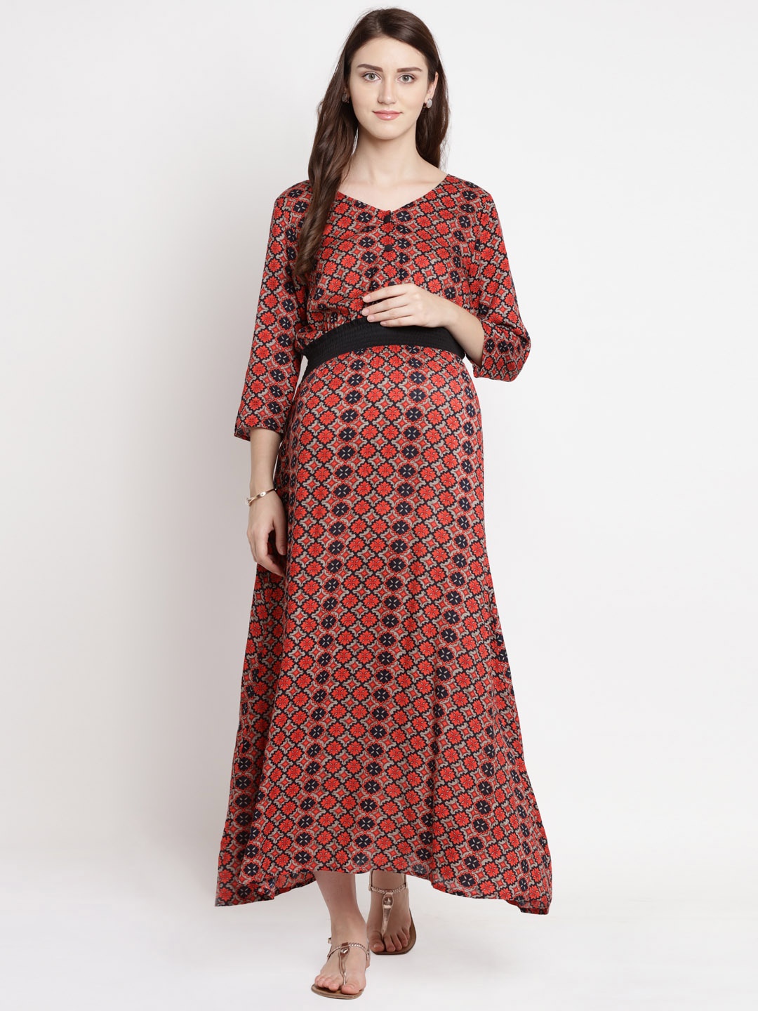 

Mine4Nine Women Red Printed A-Line Maternity Dress