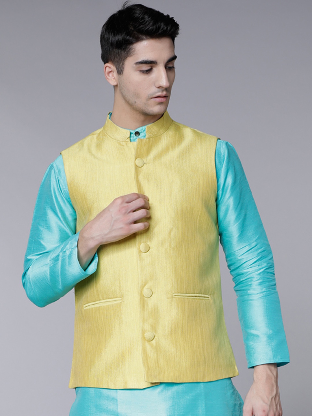 

Svanik Men Yellow Solid Nehru Jacket