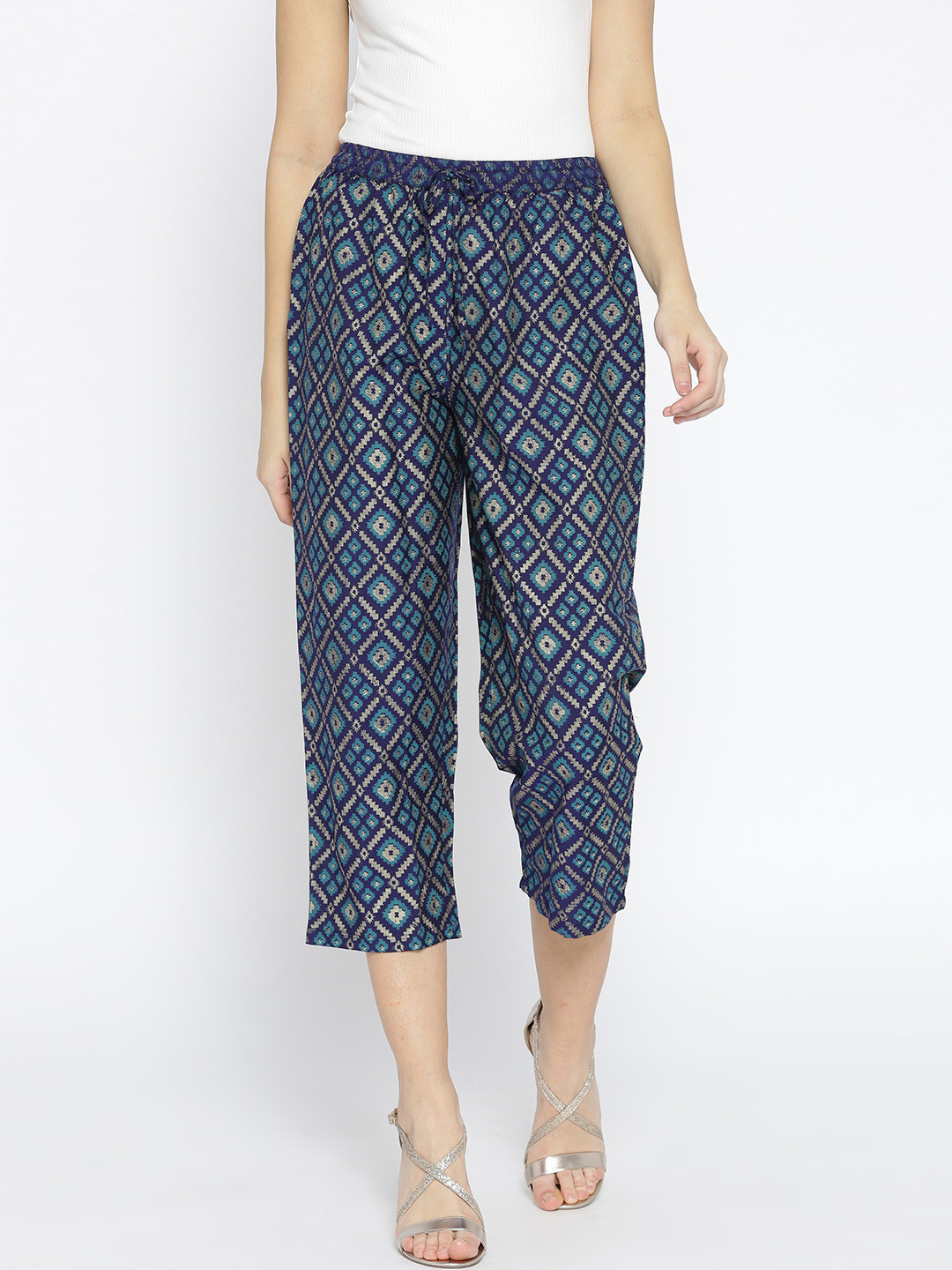 

RANGMANCH BY PANTALOONS Women Navy Blue & Green Regular Fit Printed Trousers