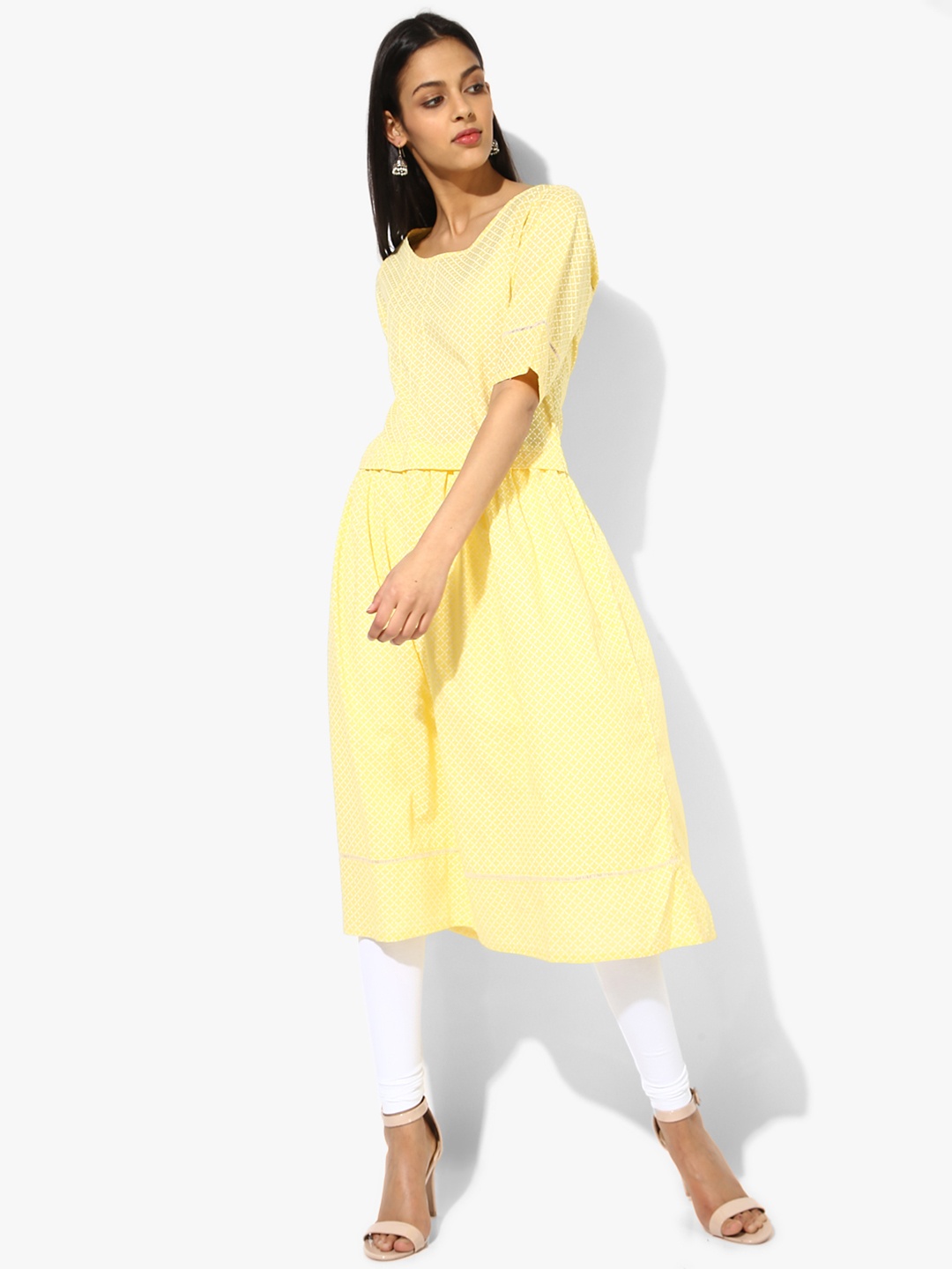 

RANGMANCH BY PANTALOONS Women Yellow & White Checked Handloom A-Line Kurta