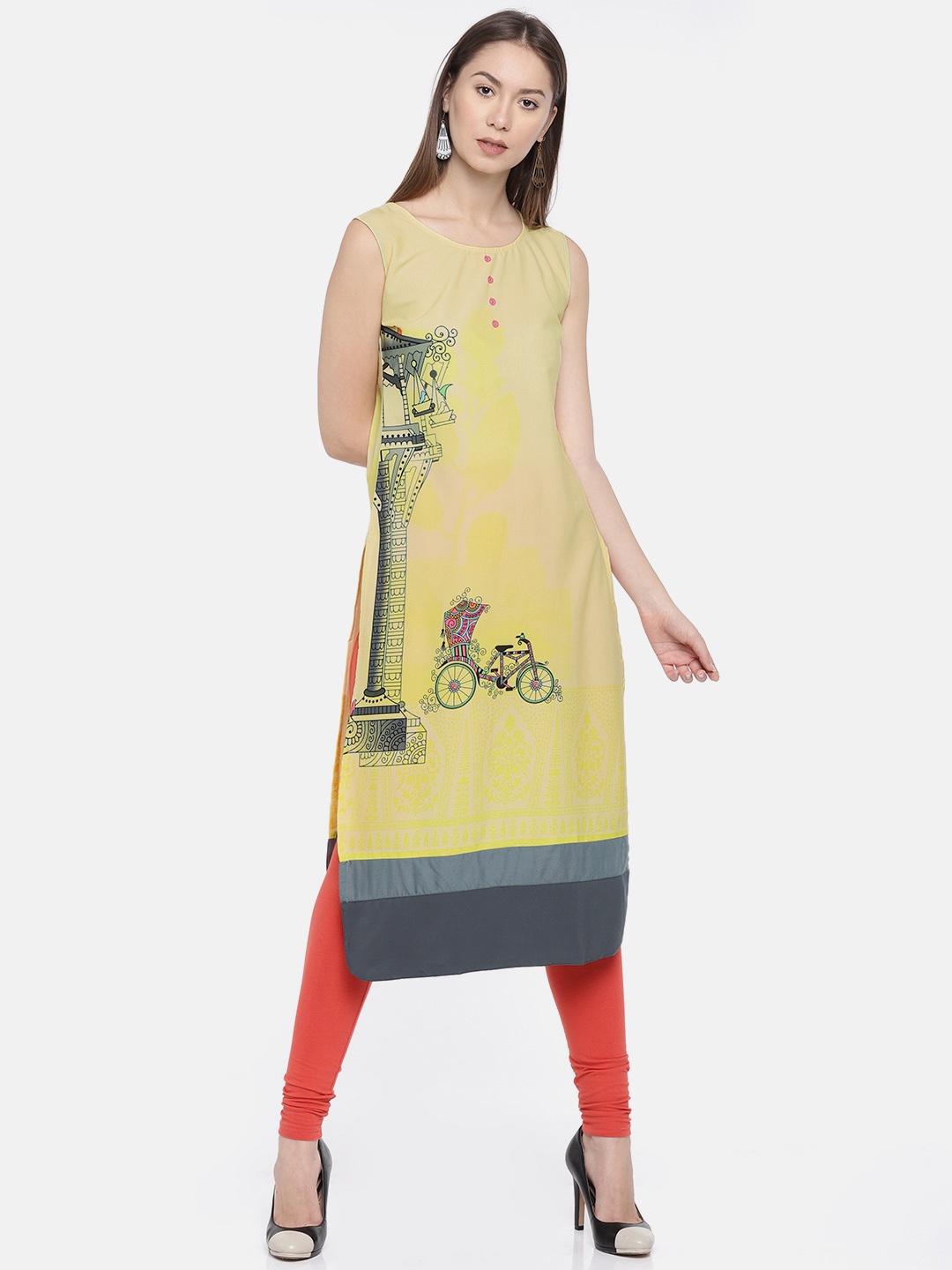 

Span Women Yellow & Grey Printed Straight Kurta