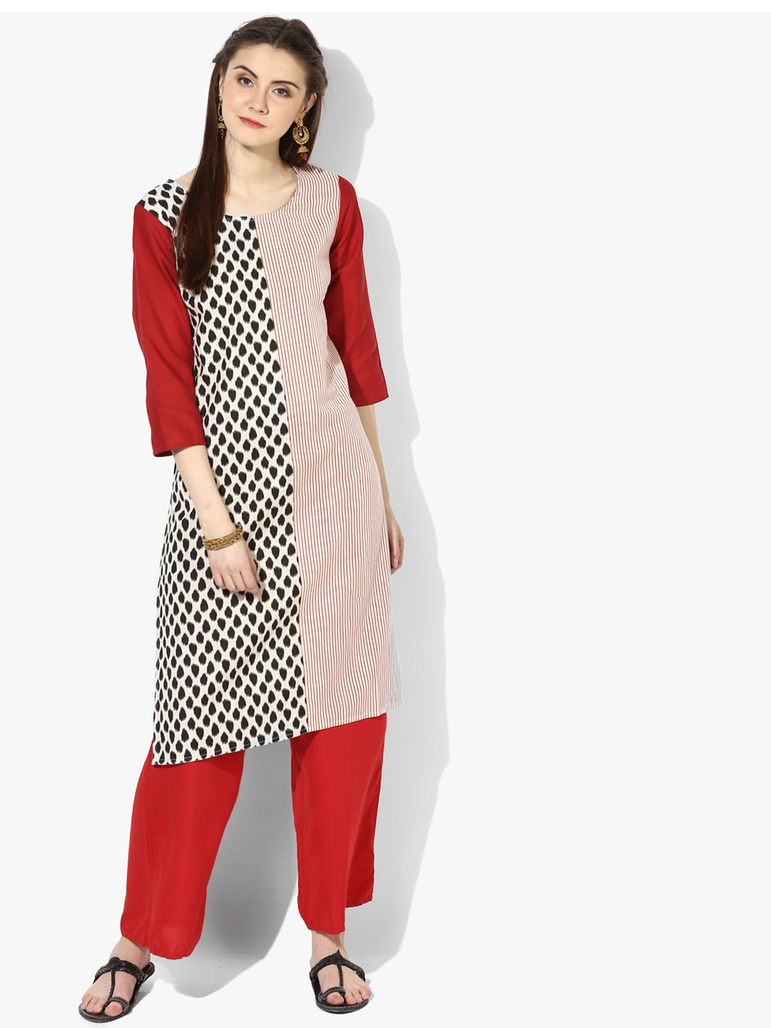 

RANGMANCH BY PANTALOONS Women Red & Off-White Geometric Printed Straight Kurta