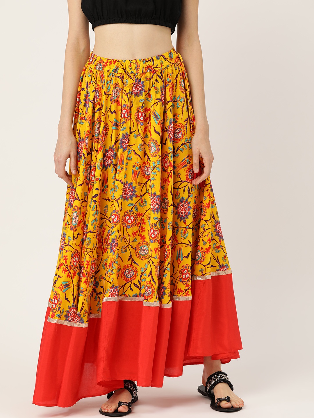 

AKKRITI BY PANTALOONS Women Yellow & Red Printed Maxi Flared Skirt