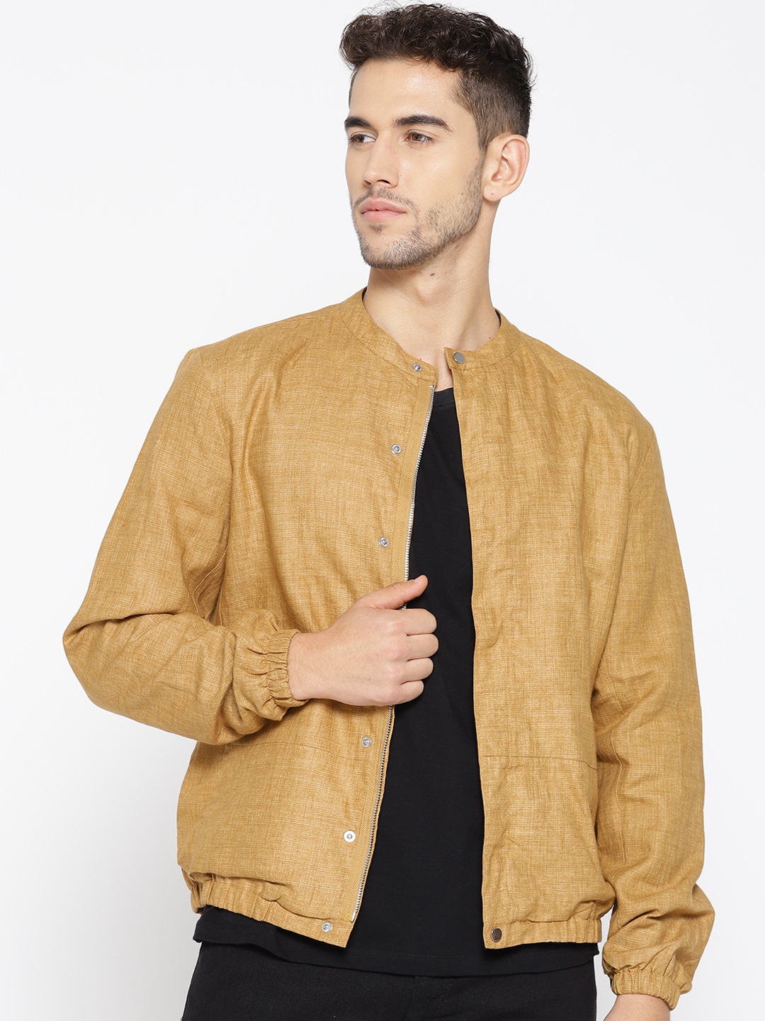 

Blackberrys Men Beige Solid Linen Bomber Jacket