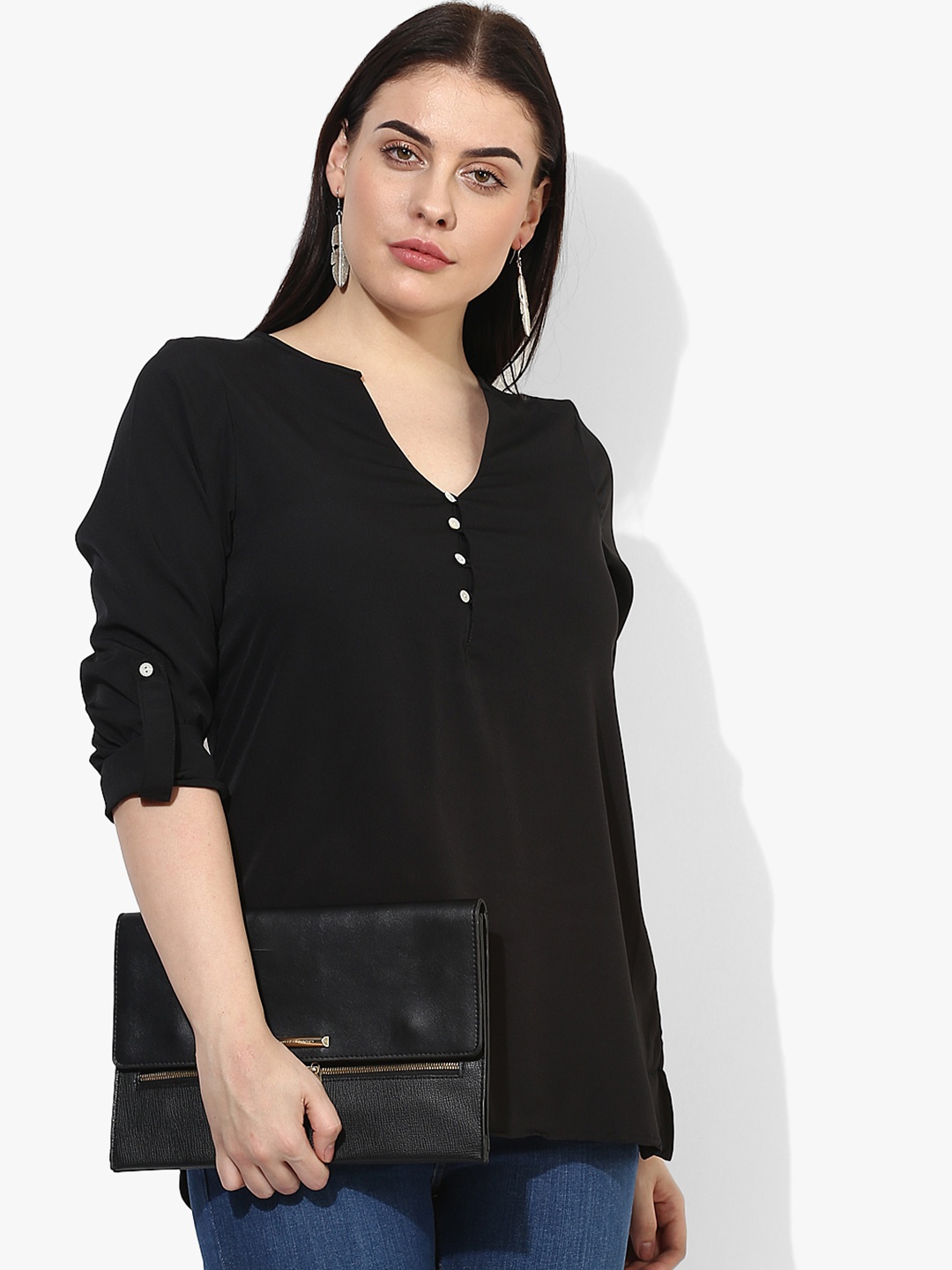 

Qurvii Plus Size Black Solid Tunic