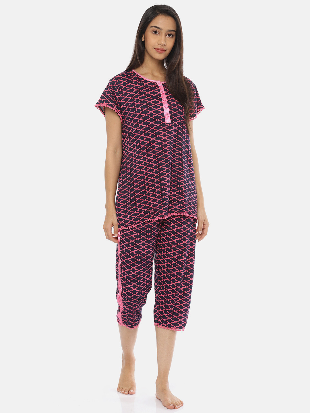 

July Nightwear Navy Blue & Pink Printed Lounge Set