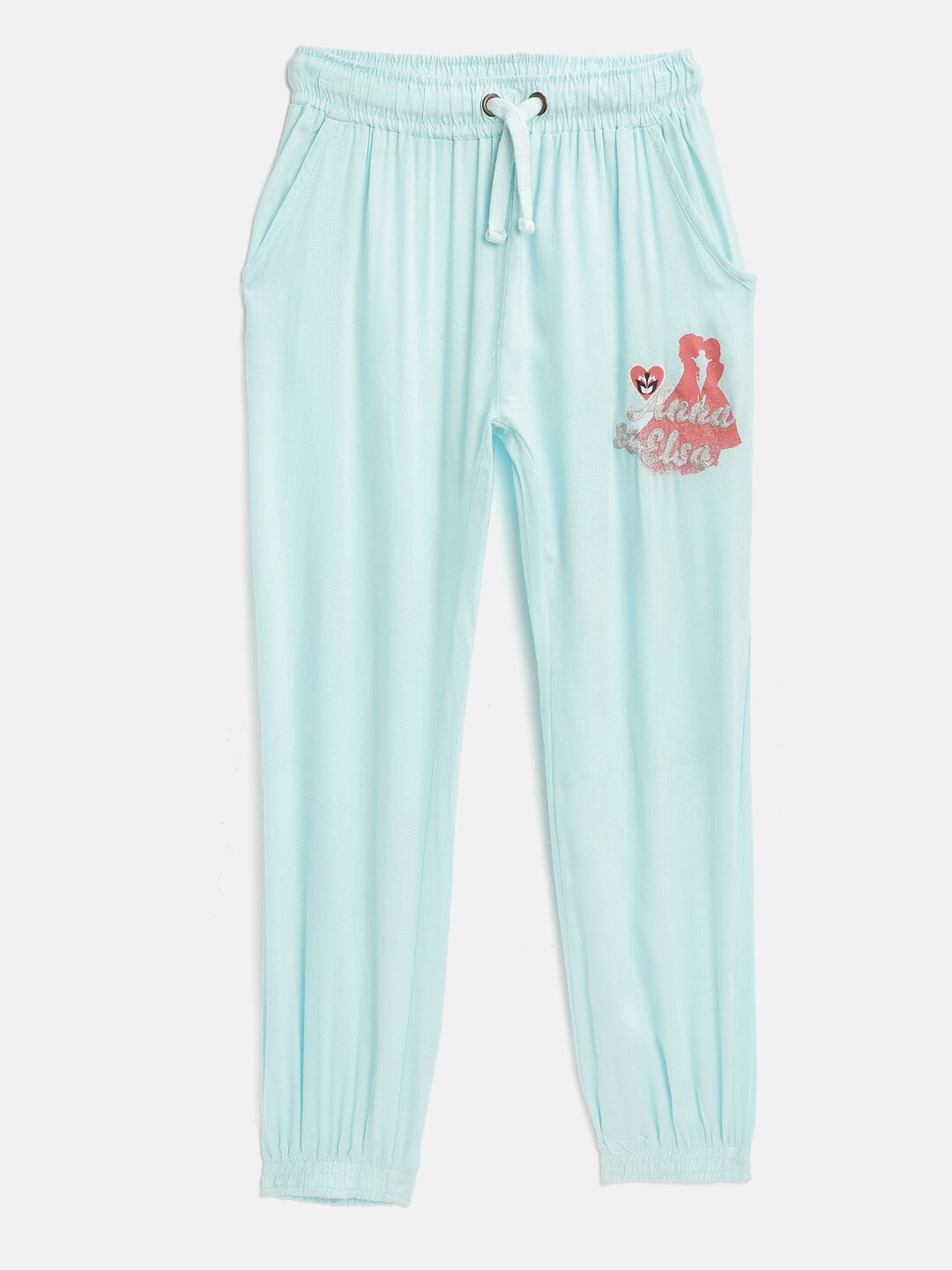 

Disney Girls Blue Solid Cotton Joggers with Disney Princess Print Detail