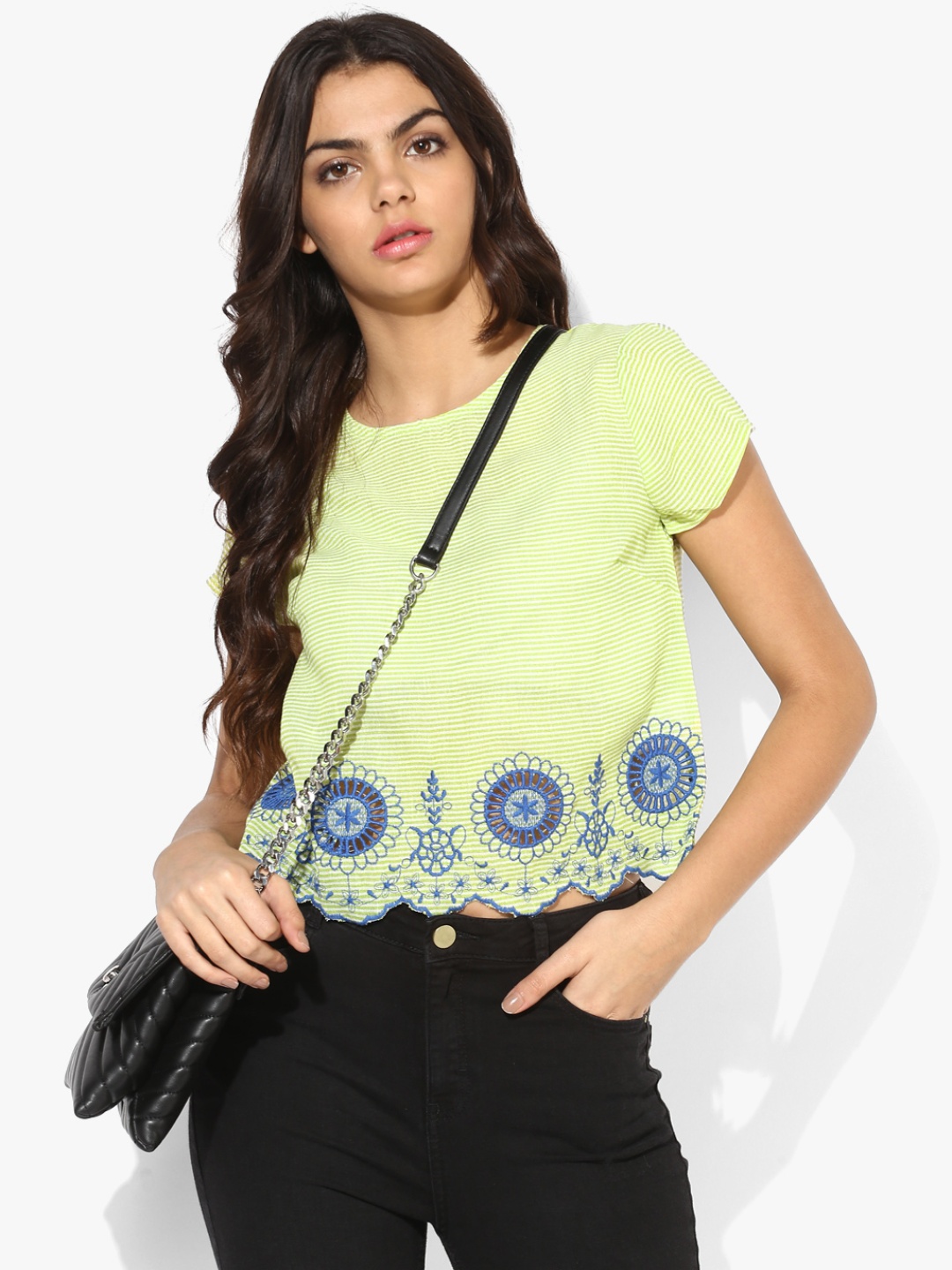 

AKKRITI BY PANTALOONS Striped Embroidered Top, Lime green