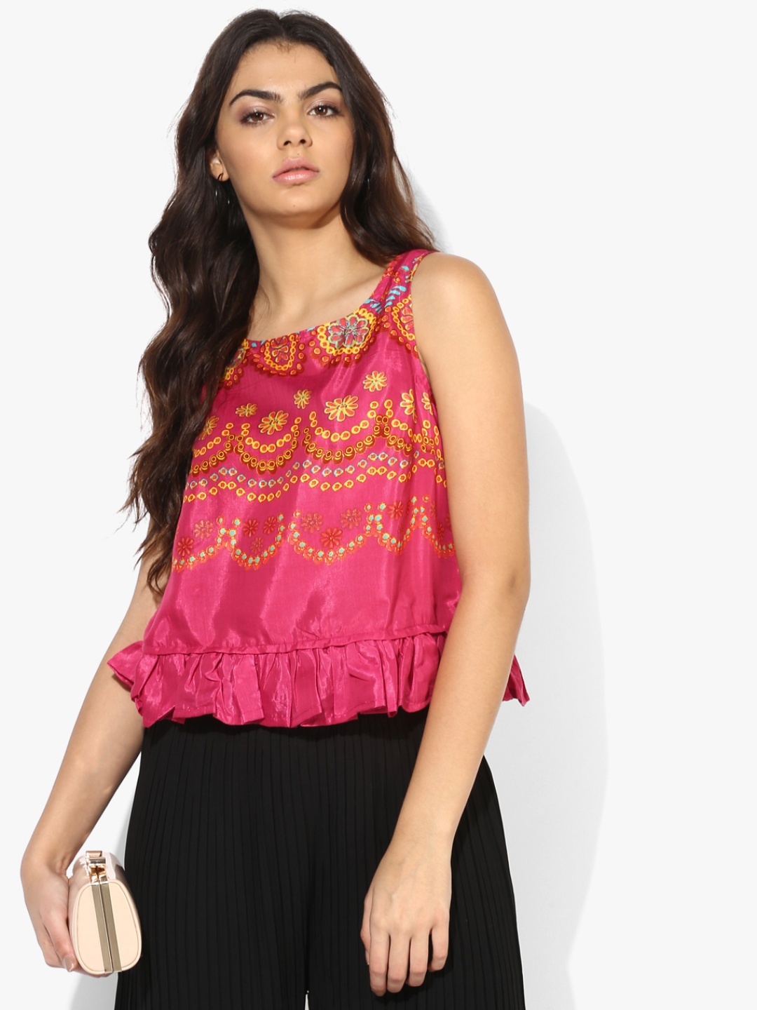 

AKKRITI BY PANTALOONS Printed Pleated Ethnic Top, Fuchsia