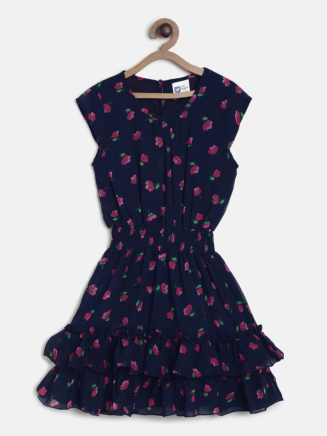 

612 league Girls Navy Blue Printed Fit and Flare Dress