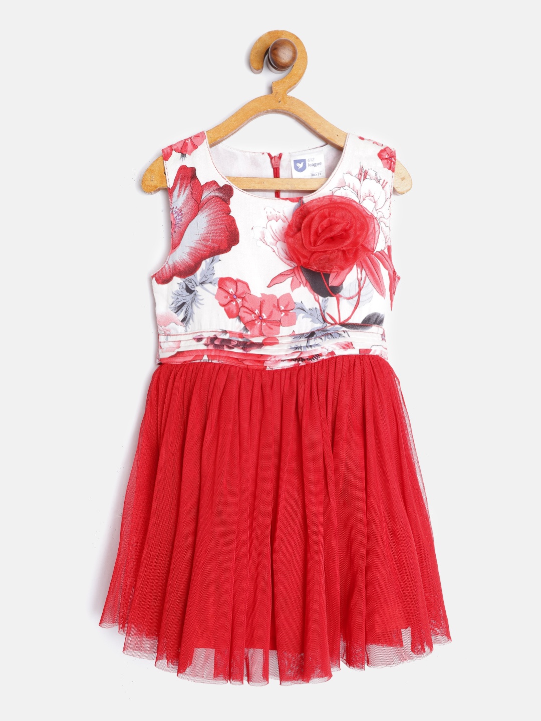 

612 league Girls Red & White Floral Net Applique Cotton Fit & Flare Dress