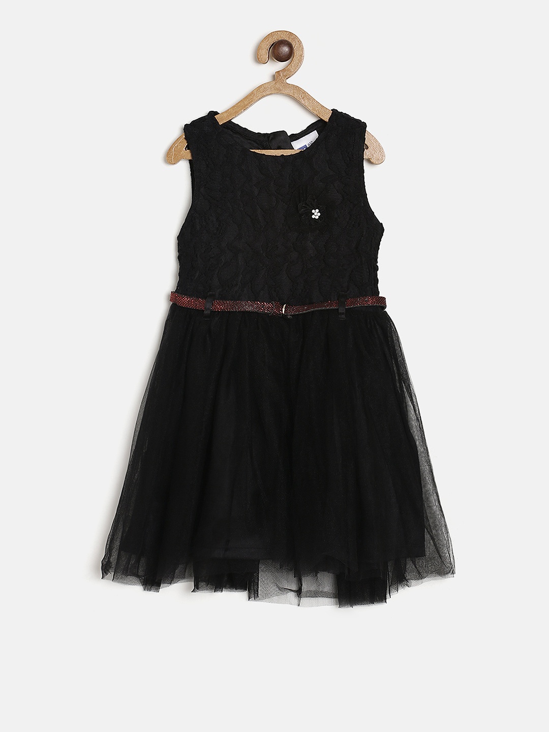 

612 league Girls Black Self Design Fit and Flare Dress