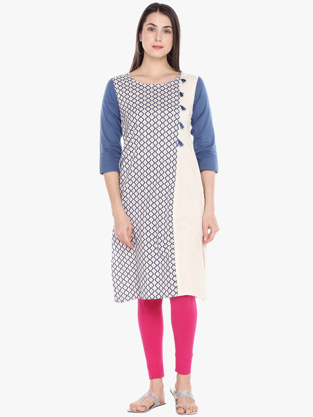 

RANGMANCH BY PANTALOONS Women Off White & Blue Cotton Linen Ikat Printed Straight Kurta