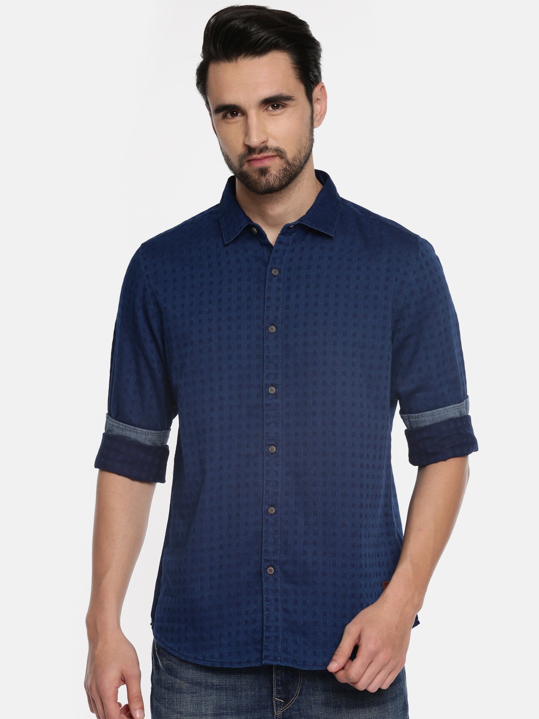 

Being Human Clothing Men Navy Blue Slim Fit Self Design Casual Shirt