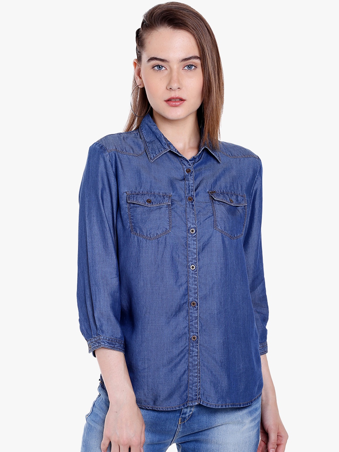

SPYKAR Women Blue Regular Fit Solid Casual Shirt