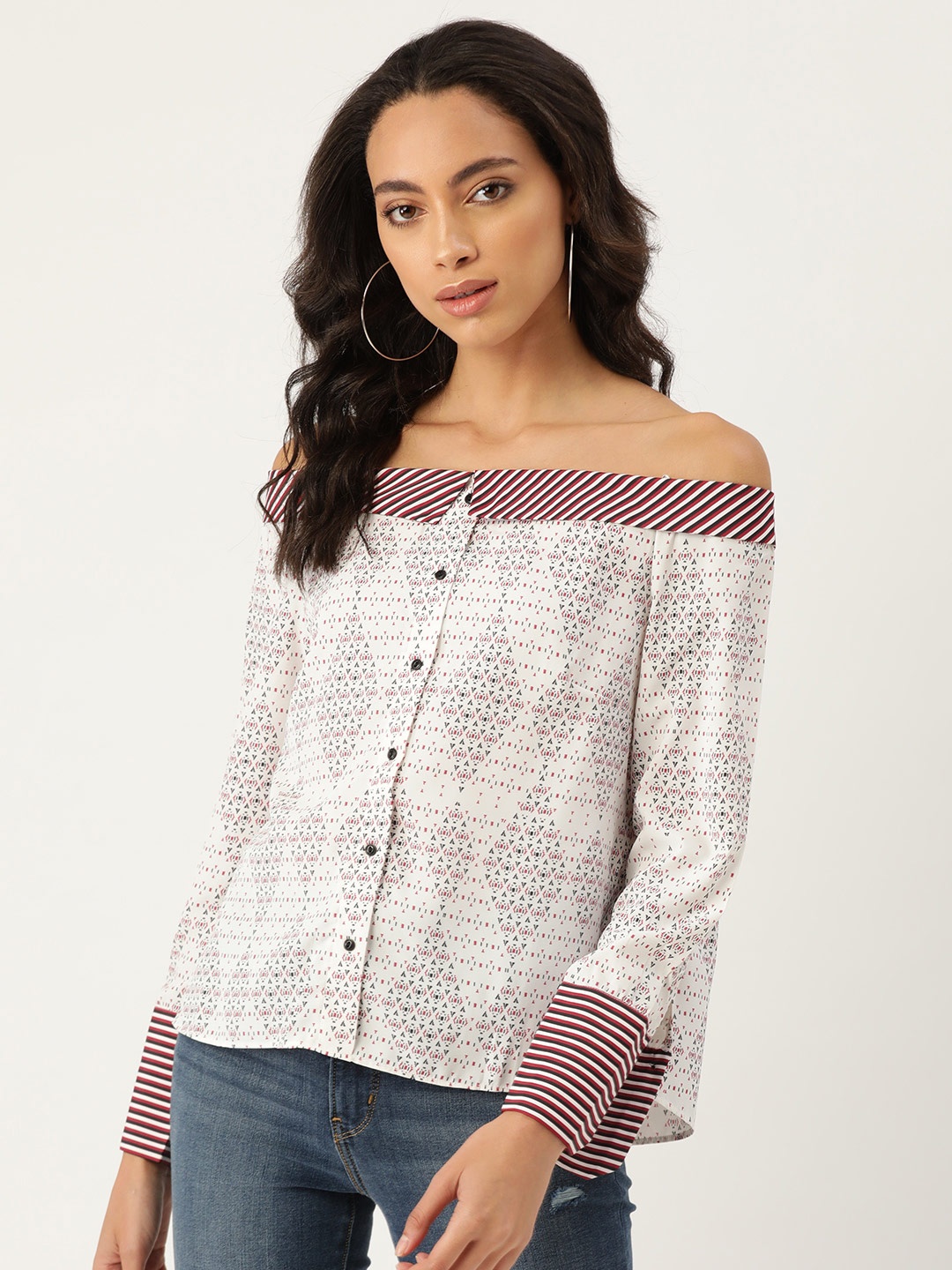 

Madame Women White & Maroon Geometric Print Bardot Top