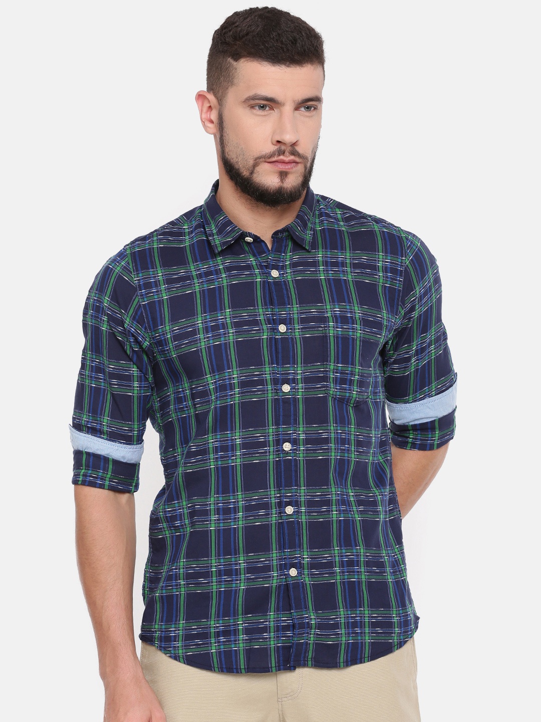 

Pepe Jeans Men Navy Blue & Green Slim Fit Checked Casual Shirt