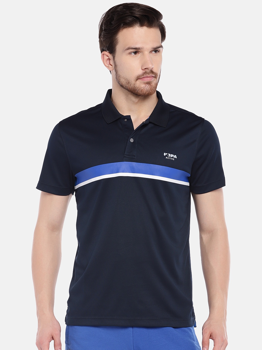 

U.S. Polo Assn. Active Men Navy Blue Striped Polo Collar EQUI-DRY T-shirt