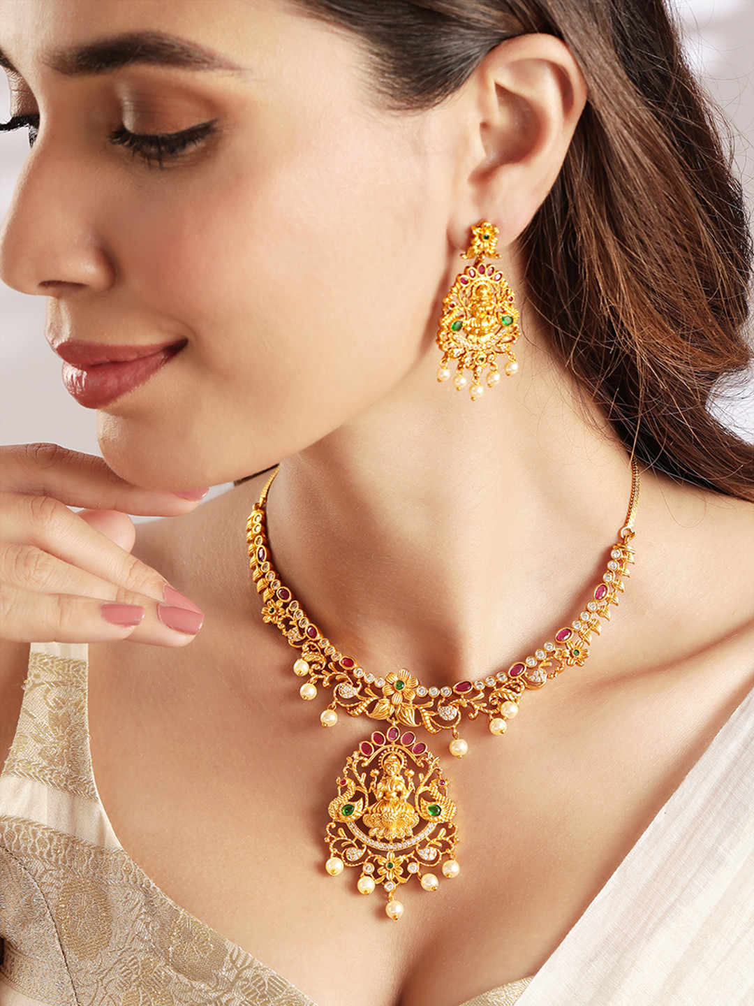 

Rubans 18K Gold Plated Ruby, Emerald & CZ Studded Temple Jewellery Set with Pearl Accents