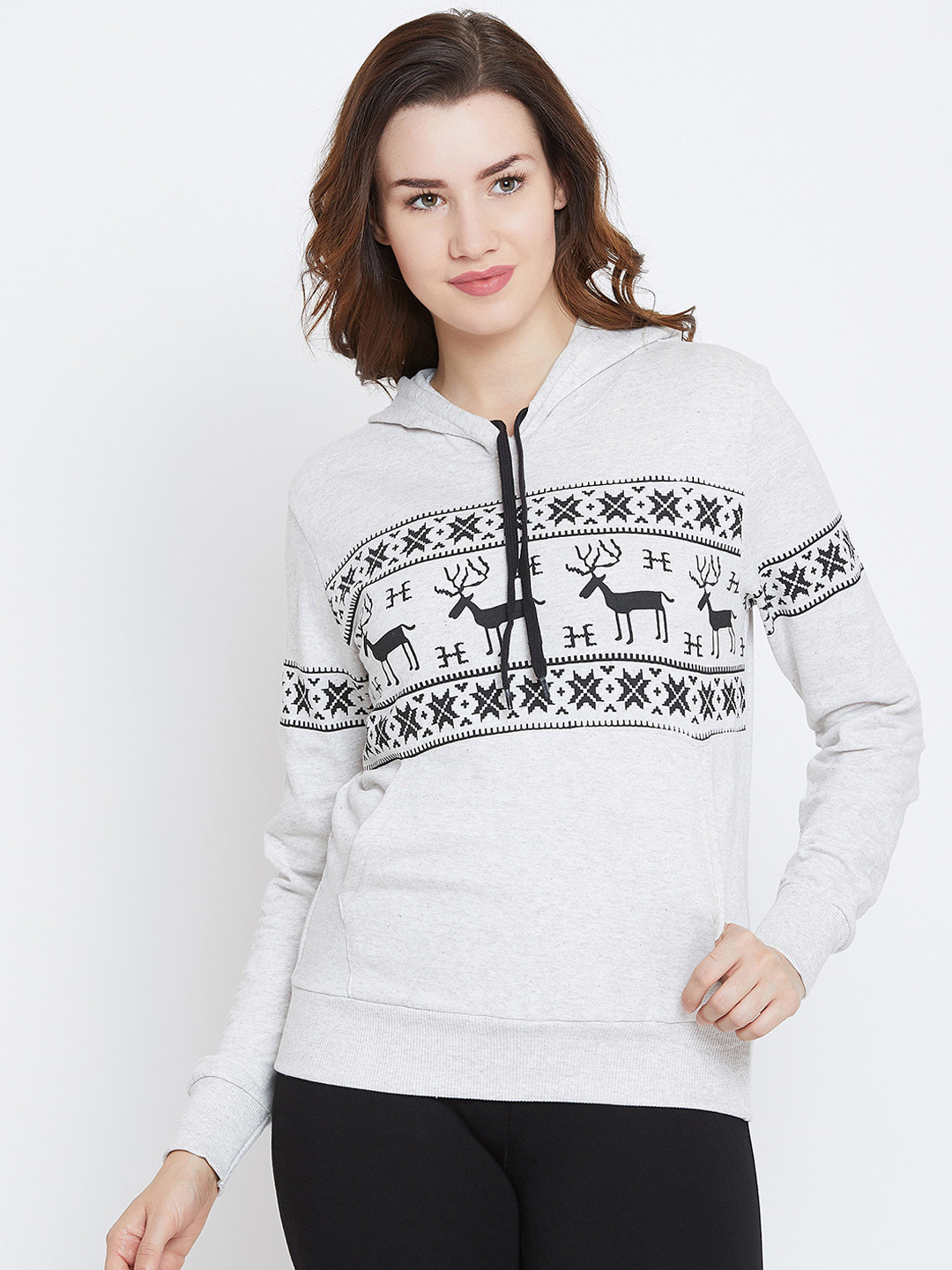 

The Dry State Women Off-White & Black Printed Hooded Sweatshirt