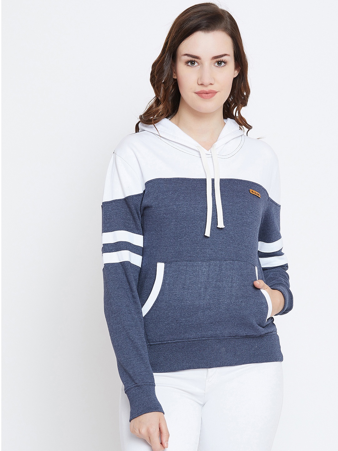 

The Dry State Women Navy Blue & Off-White Colourblocked Hooded Sweatshirt