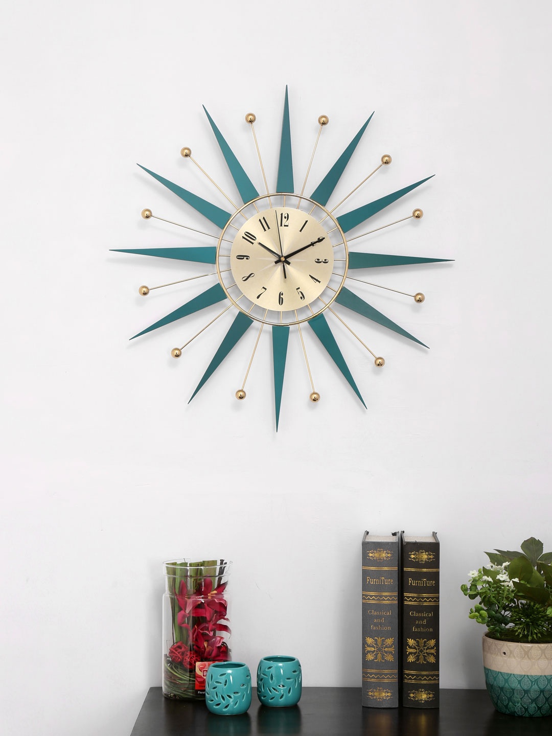 

Athome by Nilkamal Teal & Gold-Toned Round Solid Analogue Wall Clock