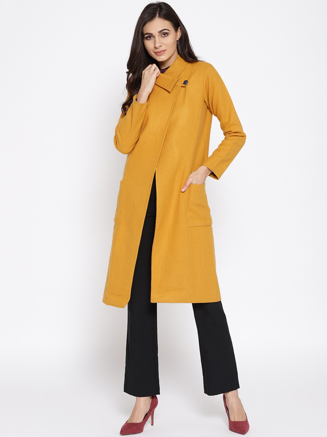

Athena Women Mustard Yellow Solid Overcoat