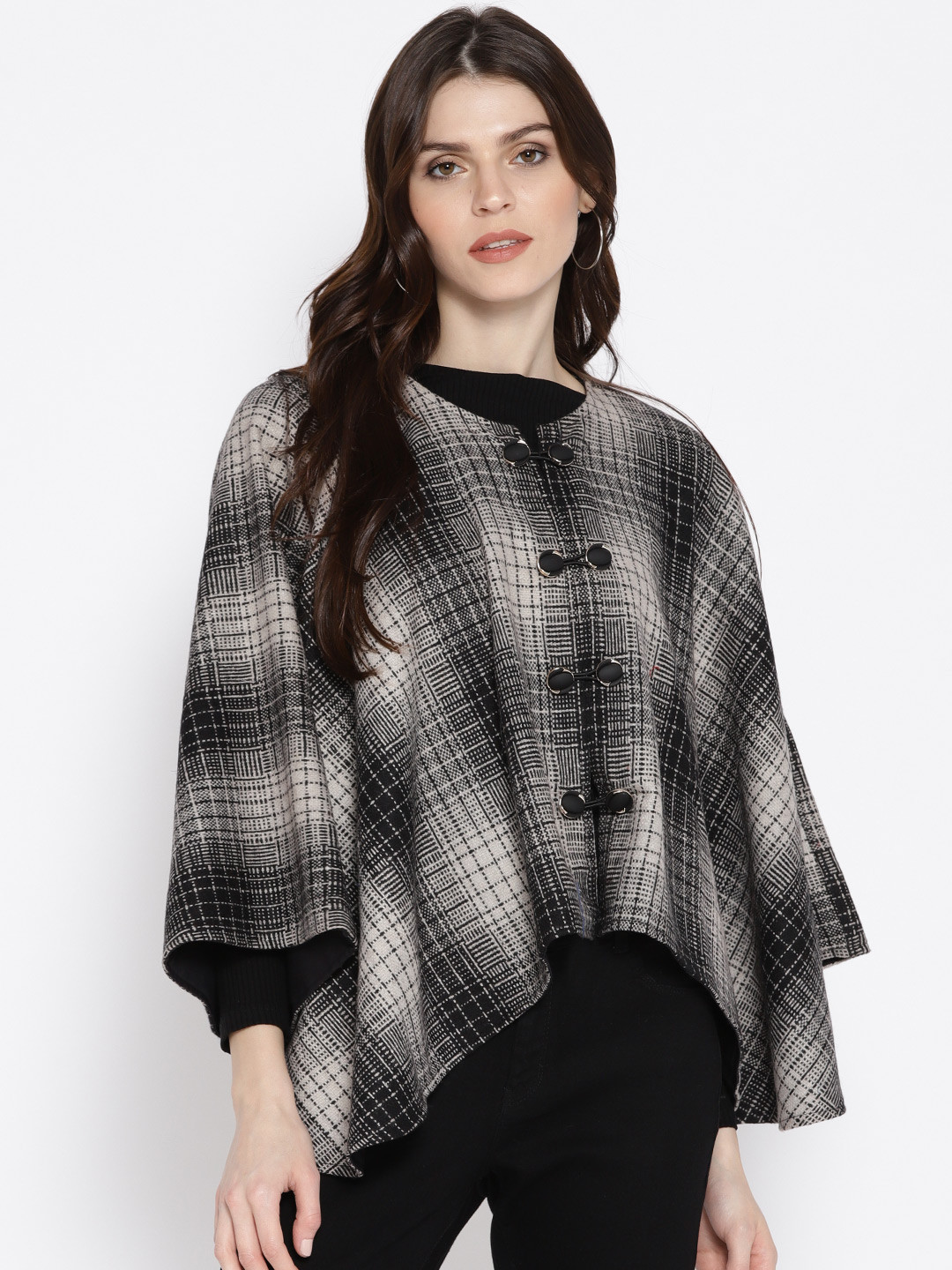 

Athena Women Grey & Black Woollen Checked Poncho
